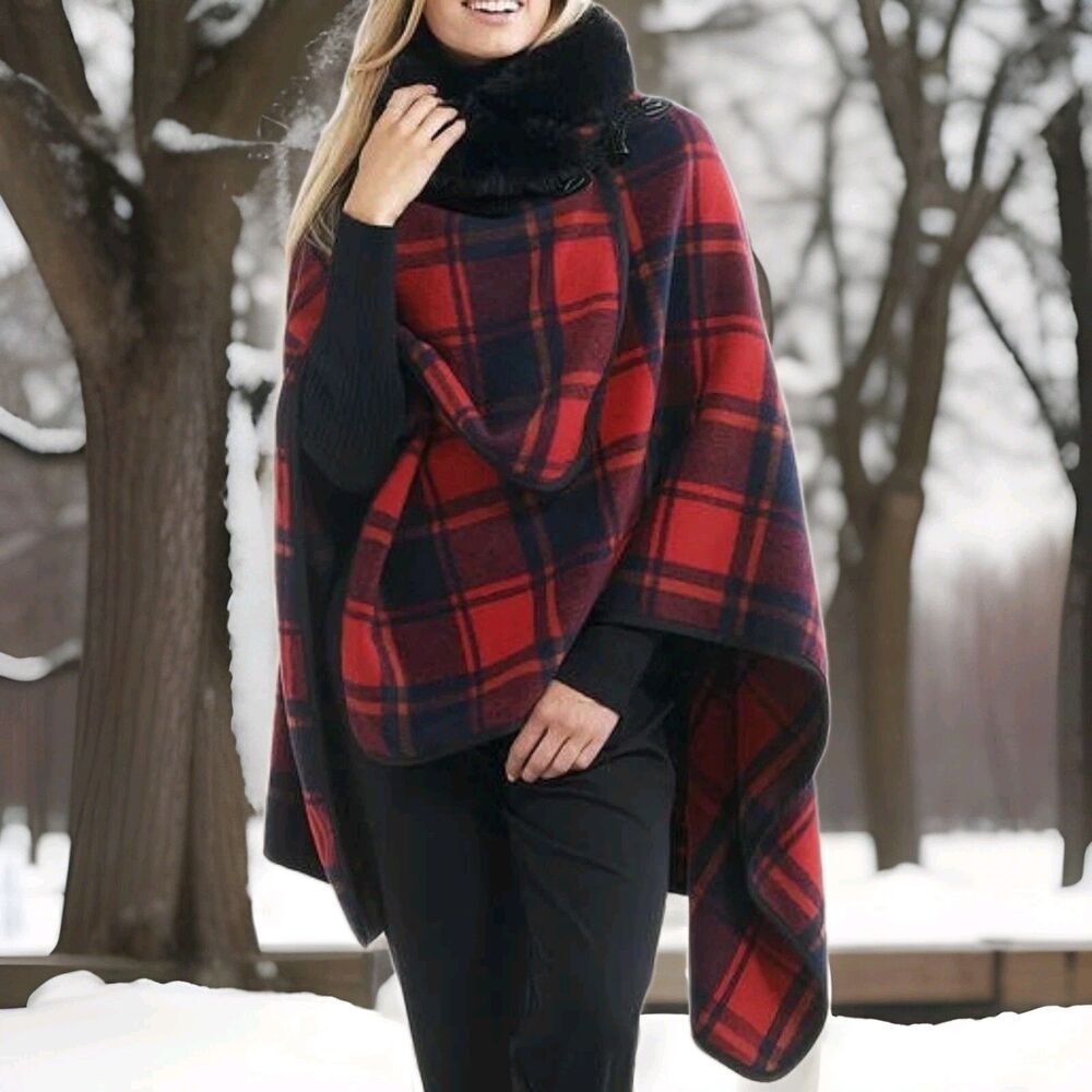 Jones New York Tartan Plaid Poncho Faux Fur Trim One Size NWT Preppy Winter